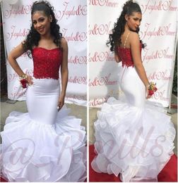 White Gold Mermaid Prom Dresses Sweetheart Spaghetti Straps Appliques Beading Satin Organza Tiered Backless White Red Evening Dres7369991