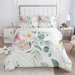 寝具セット素朴な花の白いセットマイクロファイバーの木の葉の花羽毛布団カバー3Dプリントキルト枕ケースの部屋の装飾