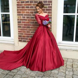 Dresses Dark Red Long Sleeves Evening Gowns Sheer Neckline Lace Top Long Prom Dress Long Back Covered Button Formal Cocktail Dress Gowns