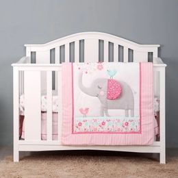 3 pcs Baby Crib Bedding Set pink elephant including quilt crib sheet skirt 240322