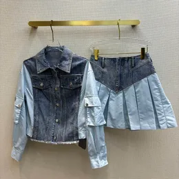 Designer Denim Two Pieces Sets Single Breasted Casual Pocket Pleated Mini Skirt Streetwear Suits