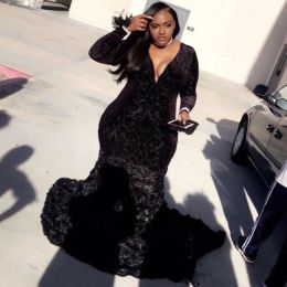 Dresses Black Plus Size Prom Dresses With Deep V Neck Appliques Lace Velvet Mermaid Evening Gowns Long Sleeve Back Girls Formal Party Dres