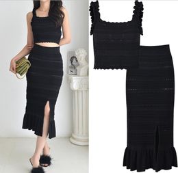 Summer Midi Dress Women Knitted Black Bodycon Korea Style Ruffle Ladies Dresses Elegant Fashion Casual Woman Dress 2024