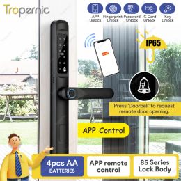 Lock IP65 Tuya WiFi App Waterproof Smart Door Lock Aluminium Sliding Biometric lock fingerprint door handle Digital Keyless Glass lock