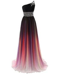 Dresses 2019 Newest Sexy One Shoulder Chiffon Long Gradient Evening Dresses With Lace Up Ombre Formal Prom Party Gown Vestido Longo AL25