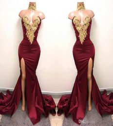 2019 Modest Burgundy Mermaid Split Sexy Evening Formal Dresses Sparkly Gold Embroidery High Neck African Arabic Occasion Prom Gown1784906