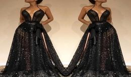 2019 Sexy Black Formal Evening Dresses Halter Deep V Neck Lace Sequins Side Split Prom Gowns Long Sweep Train Red Carpet Fashion W5932530