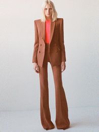Women's Two Piece Pants HIGH QUALITY Est 2024 Designer Suit Set Career Fashion Double Breasted Blazer Flare 2pcs