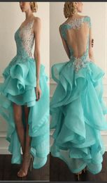 Sexy Light Blue High Low Ball Gown Prom Dresses Tiered Organza Sleeveless Dresses For Party Gowns2131687