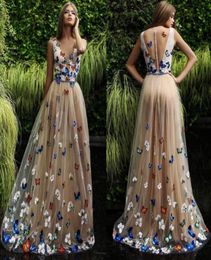 Butterfly And Flower Prom Dresses 2018 Sheer Neck Sleeveless Long Evening Gowns Back Covered Buttons Arabic Formal Party Dress Cus1207469