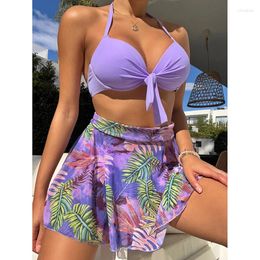 Women's Swimwear 2024 Women Flower Print Bikini Set Swimsuit Female 3pieces Monokini Summer Bathing Suit Beach Wear