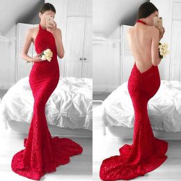 Dresses Showy Lace Halter Neckline Backless Mermaid Evening Dresses Red Long Prom Dress vestidos de fiesta baratos