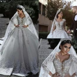 Dresses Fall New Luxurious Beaded Arabic Ball Gown Wedding Dresses Glamorous Long Sleeves Tulle Appliques Beaded Sequins Bridal Gowns