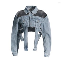 Women's Jackets ALIDI SC Street Style Irregular Denim Ultra Short Top 2024 Polo Neck Personalised Hollow Lace Long Sleeved Coat