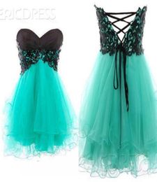 Actual Picture A Line Knee Length Turquoise Organza Black Lace Sweet School Homecoming Dresses Lace Up Most Popular Cheap Graduati5106514