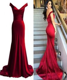 Actual Pictures Prom Dresses Magnificently Cap Sleeves Dark Red Modest Prom Dresses Off Shoulder Elastic Satin Mermaid Evening Dre3391059