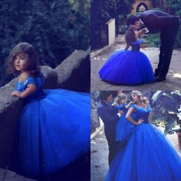 Dresses Blue Beautiful Flower Girls Dresses Off Shoulder Tulle Girls Pageant Dresses Back Zipper Tiered Ruffle Custom Made Little Girls Pa