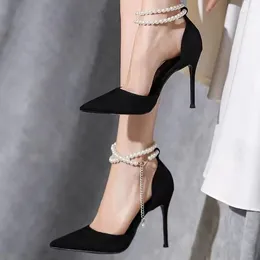 Dress Shoes 2024 Summer Bridesmaid Pearl Bow Black Thin Heel High Elegant Pointed Women's Single Women