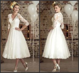 Dresses 2020 New Three Quarter Sleeves Lace Vintage Vneck Cheap Beach Bridal Dresses 2020 Casamento Vestidos De Short Wedding Dress 150