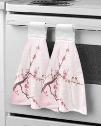 Towel Pink Cherry Blossom Bird Ink Style Kitchen Cleaning Cloth Absorbent Hand Household Dish