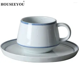 Cups Saucers HOUSEEYOU Blue And White Porcelain Coffee Cup Saucer Set Creative Ceramic Teacups For Home Restaurant Office Tea