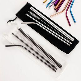 Drinking Straws 3pcs Reusable 304 Stainless Steel Eco-friendly Metal Smoothie With Case Cleaning Brushes Set Party Bar Accessories
