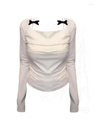 Women's T Shirts Preppy Style Chic Square Collar T-Shirt Korean Luxury Casual Bow Tees Fashion Long Sleeve Beige Mori Girl Crop Top Spring