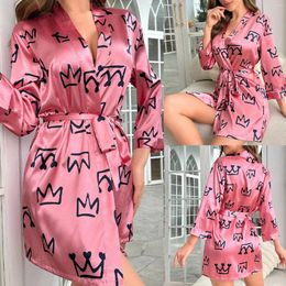 Women's Sleepwear Women Fashionable Caring Printed Pajamas With Lace Up Bathrobes Can Be Worn Externally Ice Womens Sleep Shirt Short Sleeve