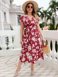 Plus Size Dresses Women Floral Print Butterfly Sleeve Elegant Maxi Dress Boho Summer V Neck High Waist A-line Vacation Long