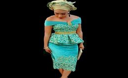 2020 New Green Off Shoulder Gold Lace Satin African Nigerian Peplum Evening Dress TeaLength Sheath Women Evening Formal Gowns Ves1822790