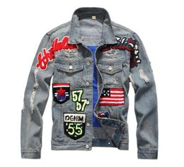 Men039s American flag badge patch slim denim jacket Vintage letters patchwork ripped distressed coat Outerwear2459107