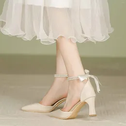 Dress Shoes High Heel Sandals For Women Summer 7cm Pearl Strap Women'S Singles Hollow Tie Up