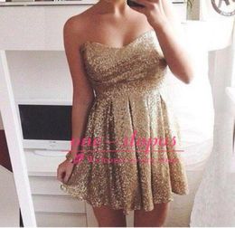 Gold Sequined Sweetheart Mini Cocktail Dress Empire A Line Short Graduation Prom Party Dress7175246