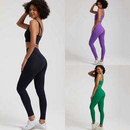 Lu Align Outfits Solid Align Colour Gym Seamless Scrunch Set Women Workout Clothes Two-piece Fitness Suit Sport Bra Top And High Waist Leggings Lemon Woman Lady