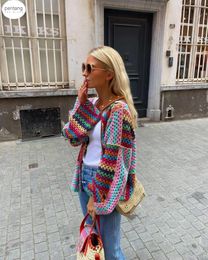 Women's Knits PERITANG Colourful Knit Stitch Hollow Out Oversize Cardigan Women Open Front Long Sleeve Flare Cuff Sweater