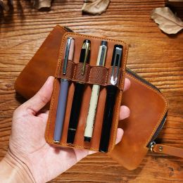 Bags Genuine Leather Zip Pen Case Creative 4 Slots Pen Case With Removable Pen Tray Holder Pencil Case Office School Supplies Pouch