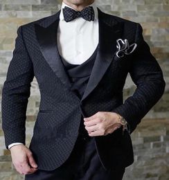 High Quality One Button Black Groom Tuxedos Peak Lapel Groomsmen Man Suits Mens Wedding Suits JacketPantsVestTie 3954126269