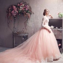 Dresses Gorgeous 2018 Blush Pink White Lace 3/4 Long Sleeves Princess Wedding Dresses Romantic Crew Neck Lace Hem Cathedral Train Bridal G
