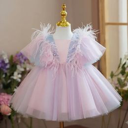 Summer Childrens Girl Party Dress Bubble Sleeves Bridesmaid Wedding Flower Princess Dresses Kids Formal Clothing 240325