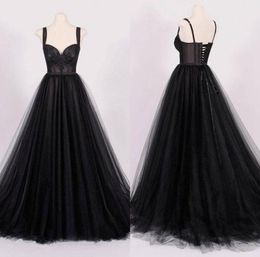 Real Sample 2018 Vintage Black Tulle Wedding Dresses With Lace Applique Spaghetti Straps Sweetheart Lace Up Back Bridal Gowns EN118049384