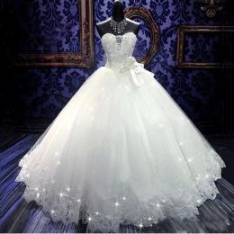 Dresses 2020 Sexy Bling Cheap A Line Wedding Dresses Sweetheart Sleeveless Lace Appliques Crystal Beaded Pearls Ball Gown Bow Formal Brida