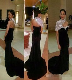 Stunning Formal Black Mermaid Evening Gowns 2017 Crystal High Neck One Sleeves Sexy Open Back Velvet Court Train Prom Celebrity Pa9032642