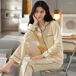 Home Clothing Women Pajamas Suit Spring And Autumn Long-sleeved Long Pants Simple Gentle Sleepwear Solid Color Leisure Cotton Homewear