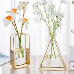 Vases Iron Golden Art Vase Metal Flowers Pot Hydroponic Planter Container Glass Desktop Ornament Tube Home Decor