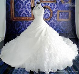 White Weding Dresses Lace Ball Gown Bridal Gowns With Lace Applique Beads High Neck Sleeveless Zip Back Organza3104389