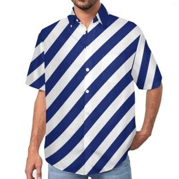 Men's Casual Shirts Navy Blue White Nautical Loose Shirt Man Vacation Diagonal Stripes Summer Short Sleeve Streetwear Oversize Blouses