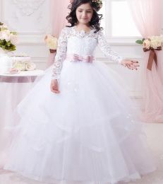 Dresses Long Sleeve First Communion Dress for Girls Lace Ball Gown Flower Girl Dresses White Cheap Wedding Party Pageant Gowns