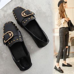 Casual Shoes Female Big Size 40 Gold Rivets Adult Matte Square Toe Spring Beach Women's Fashion Pu Leather Flats White Black Femme E224