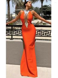 Casual Dresses Luxury Women Celebrity Sexy Key Hole Beading Orange Maxi Long Bodycon Bandage Dress Elegant Evening Club Party