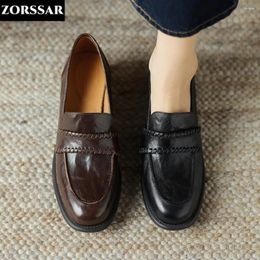 Casual Shoes Real Oxford Women Brown Leather Flats British Girls Street Ladies Derby College Loafers Solid Moccasins